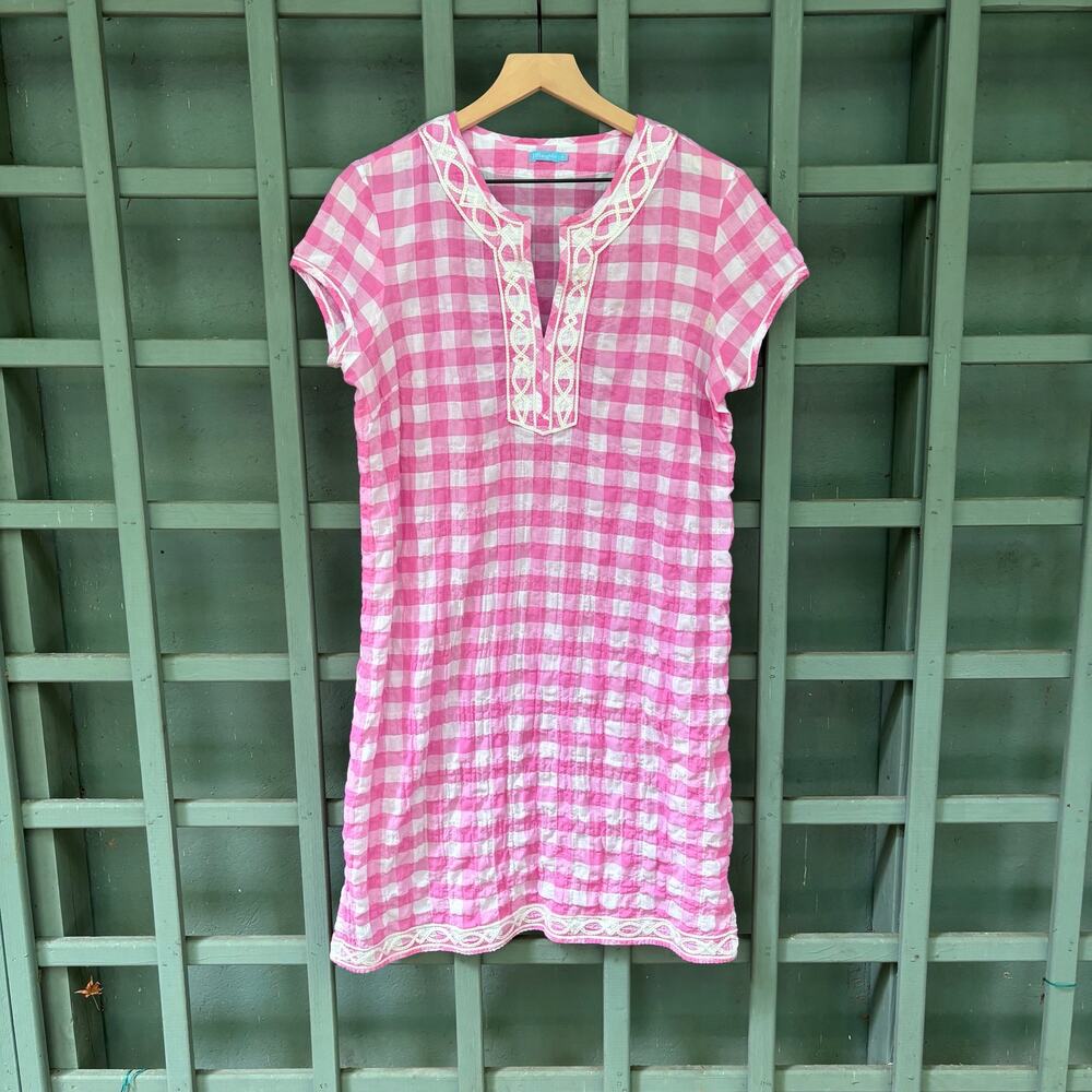 J. McLaughlin Pink Gingham Embroidered Rhett Dress Sz M Preppy Coastal Resort